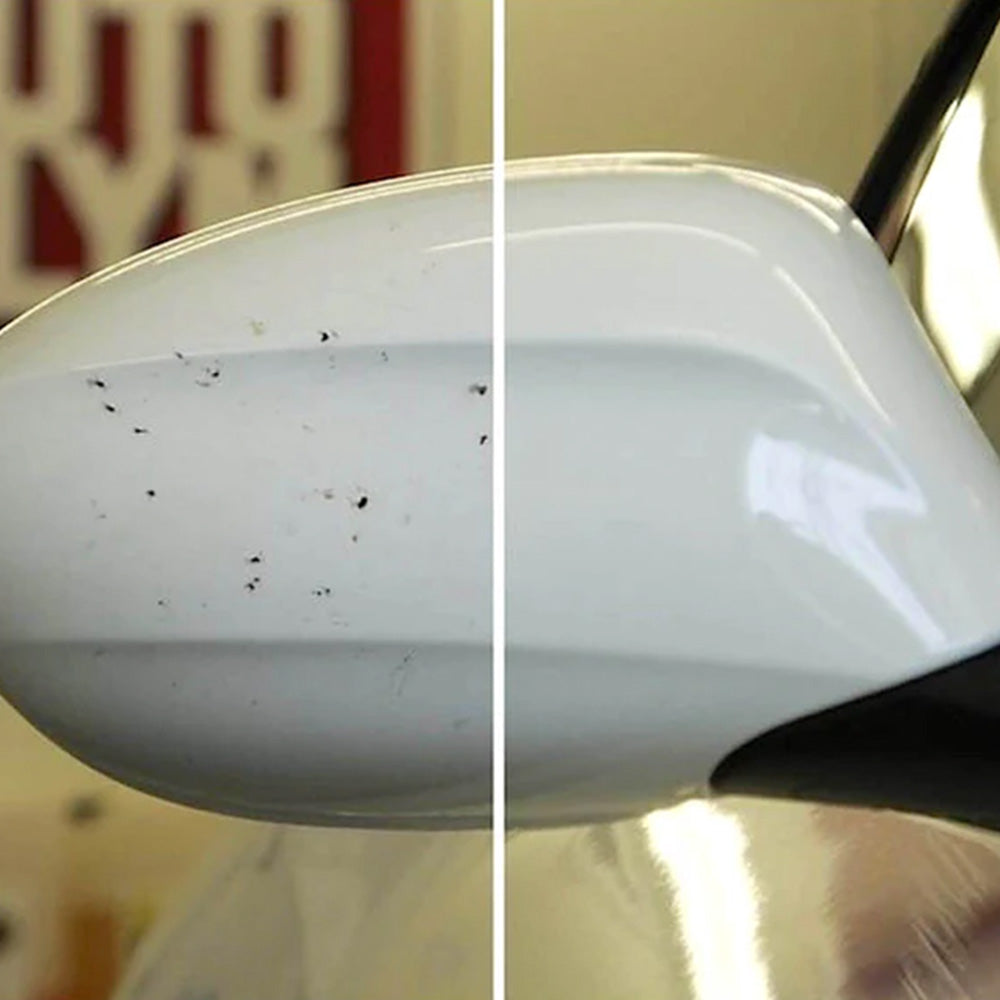 before and after using Autoglym Active Insect Remover on car side mirror