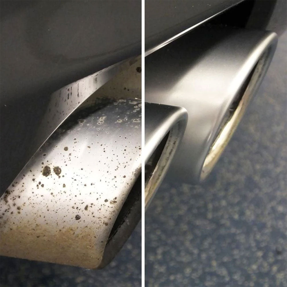 Autoglym Metal Polish before after cleaning exhaust pipe