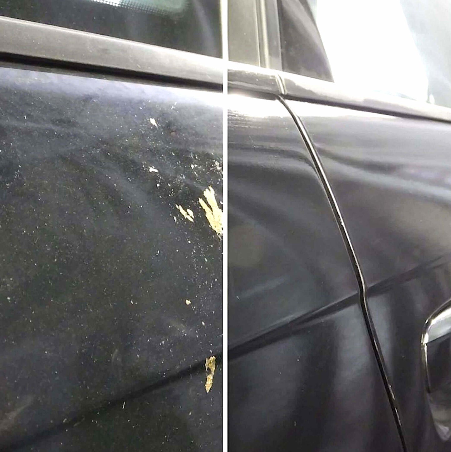 before and after using bird dropping wipe to remove dropping from car