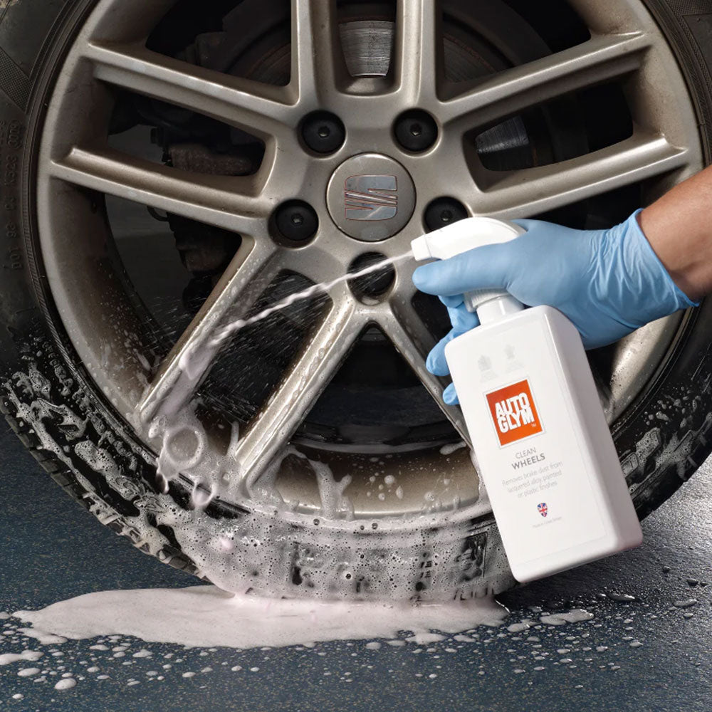 spraying Autoglym Clean Wheels on car wheel