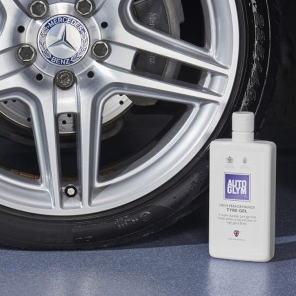 Autoglym High Performance Tyre Gel next to car wheel