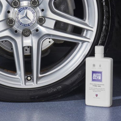 Autoglym High Performance Tyre Gel next to car wheel